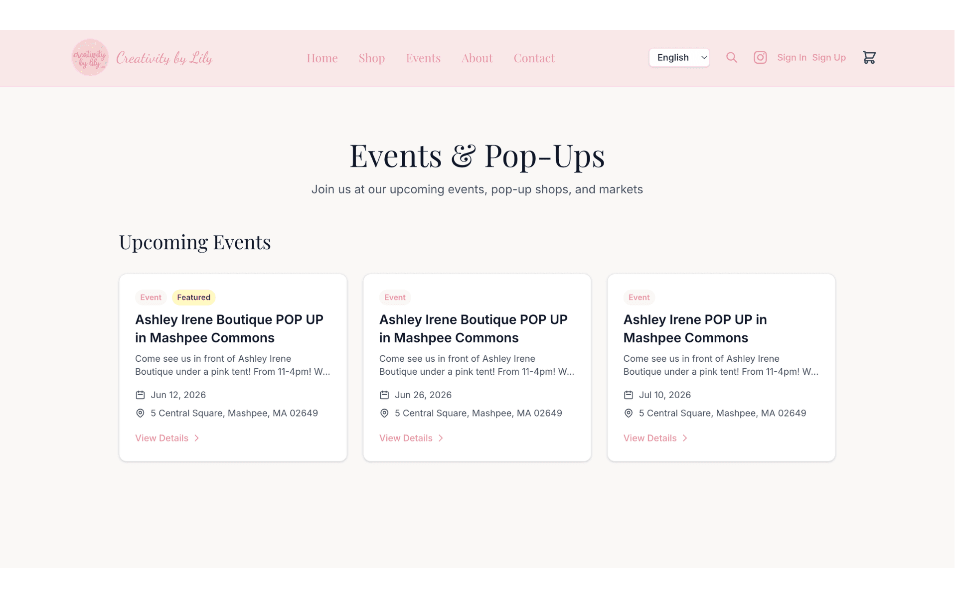 Events management for pop-ups and announcements